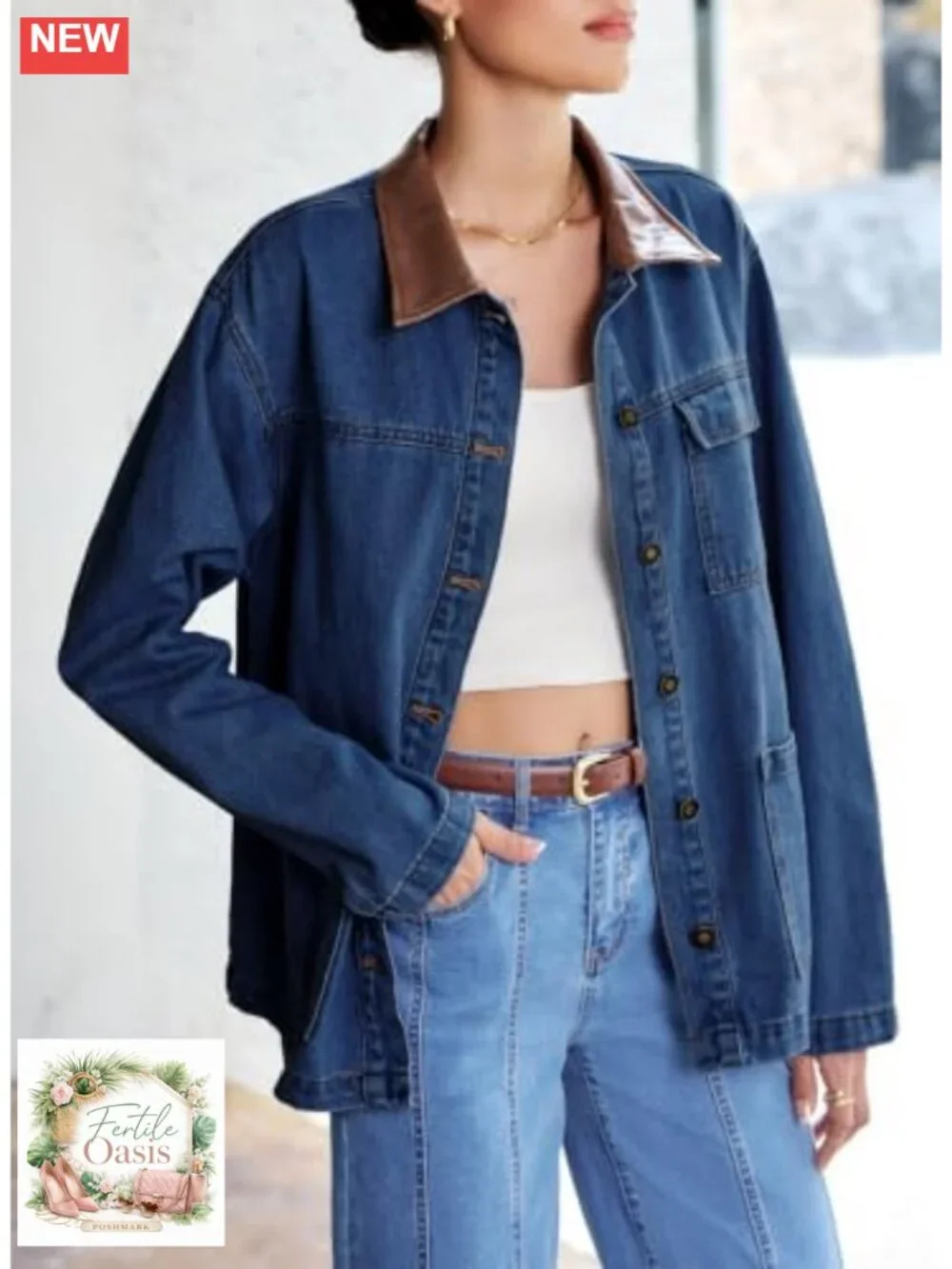 Women's Trendy Denim Jacket with Leather Collar Button Down Long Sleeve